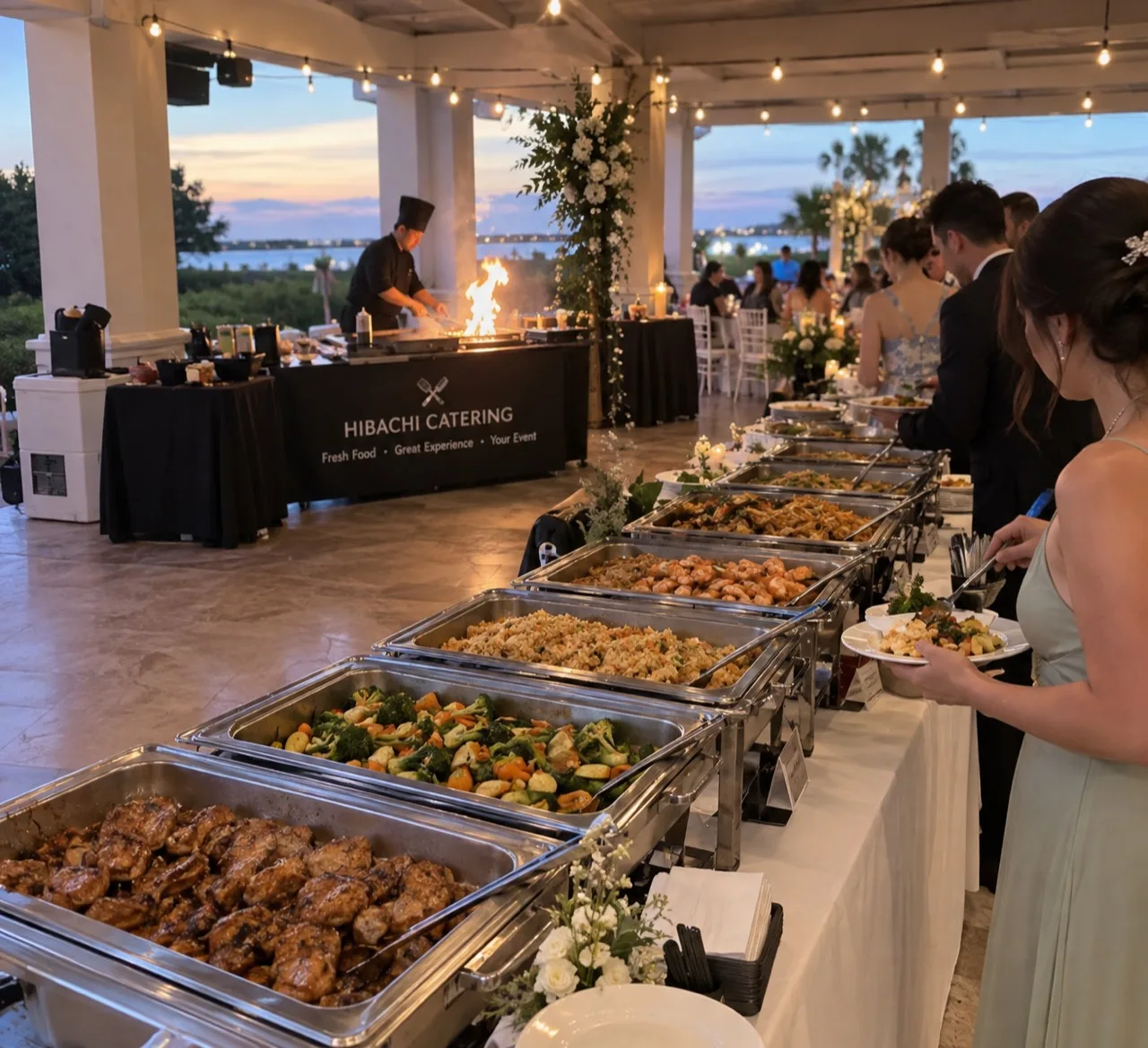 Illustration of a hibachi buffet catering setup