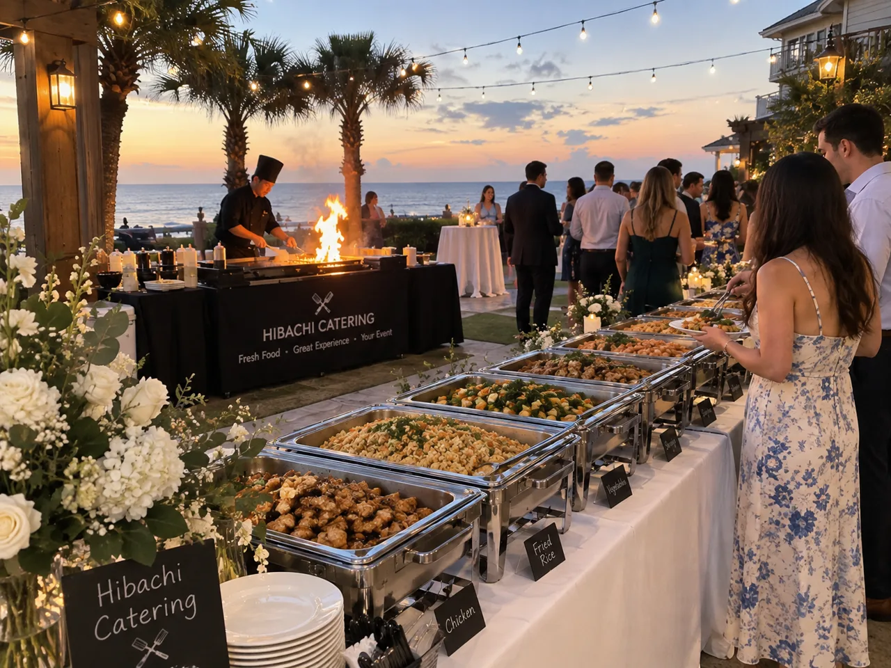 Guests enjoying a waterfront hibachi buffet with a chef cooking onsite